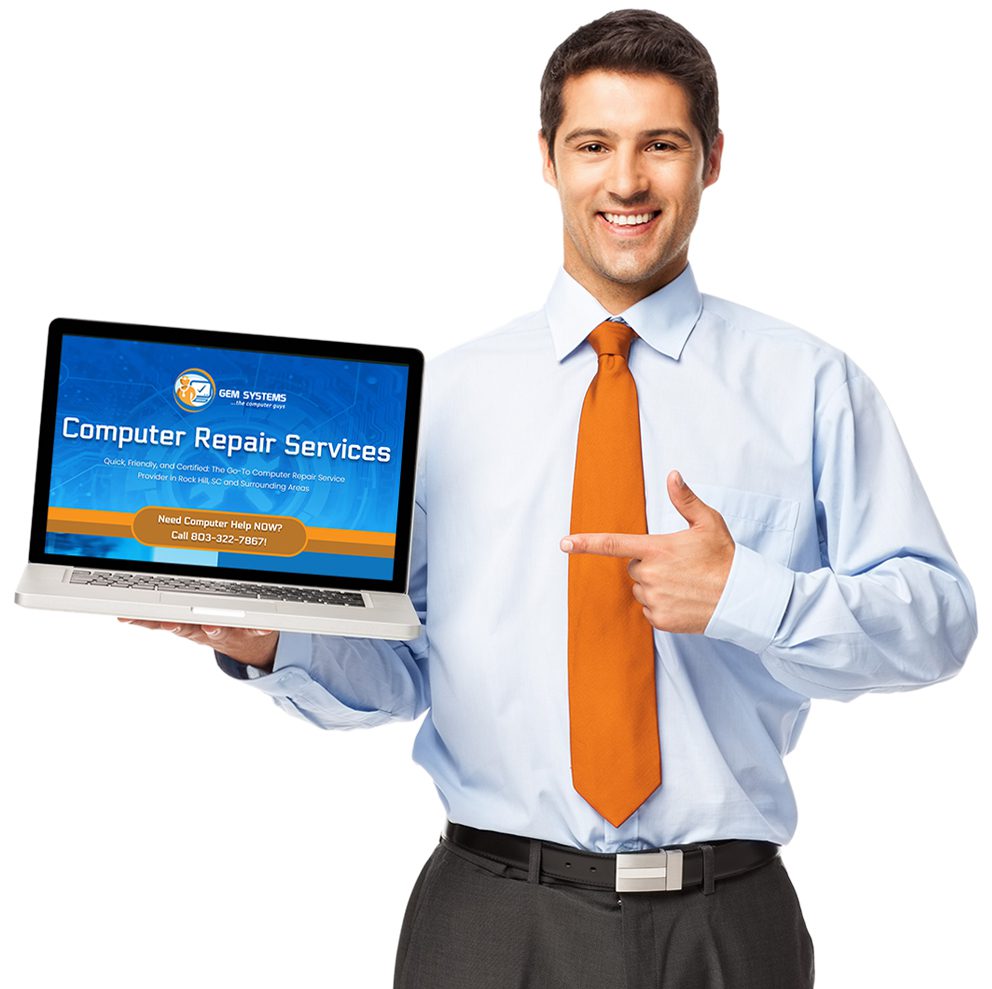 Gem-Systems-man-holding-laptop-wearing-orange-tie